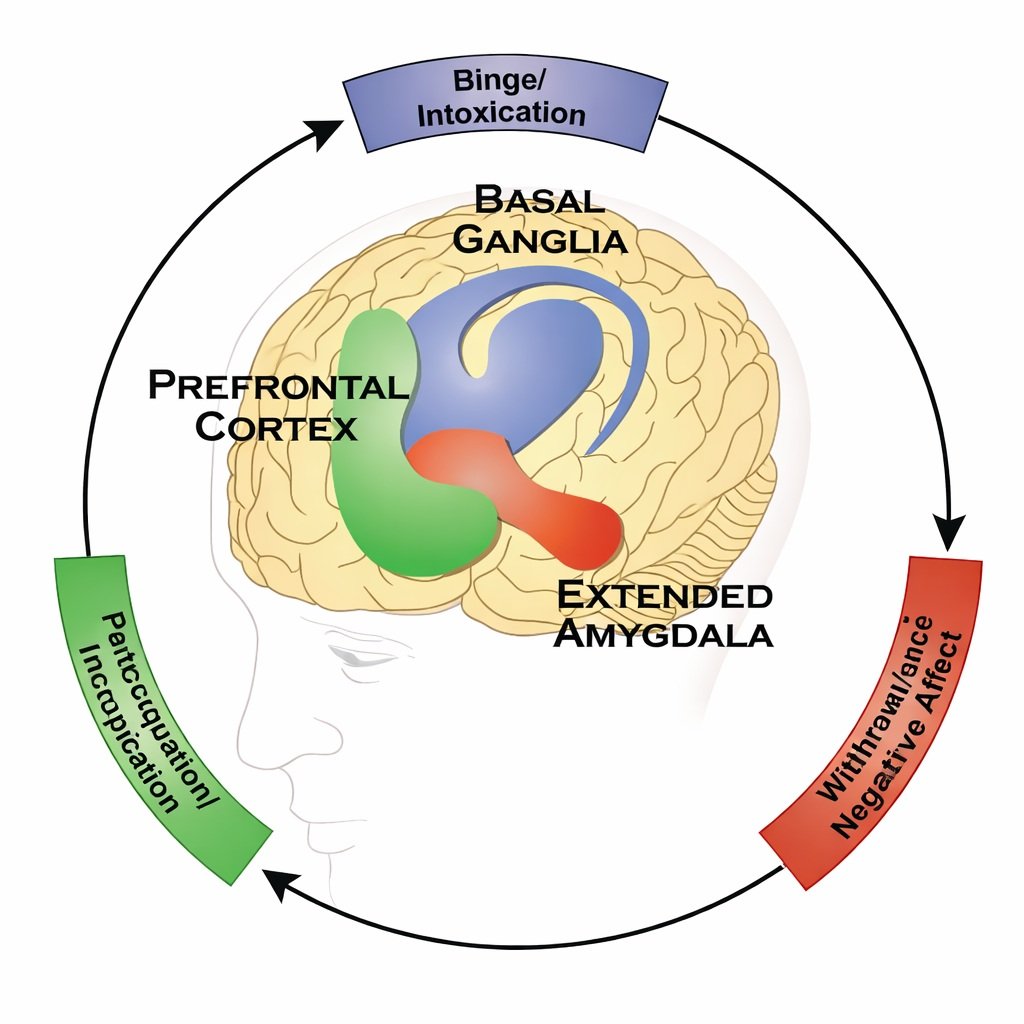 Diagram showing how addiction affects the basal ganglia (reward), extended amygdala (stress), and prefrontal cortex (decision-making).